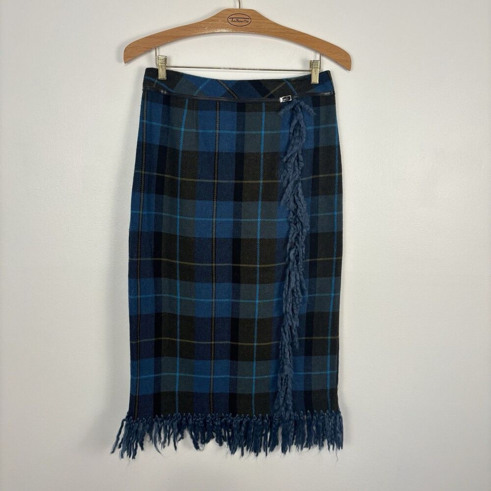VTG Worthington Petite L ? Plaid Faux Wrap Skirt Fringe Edge Tartan Blue